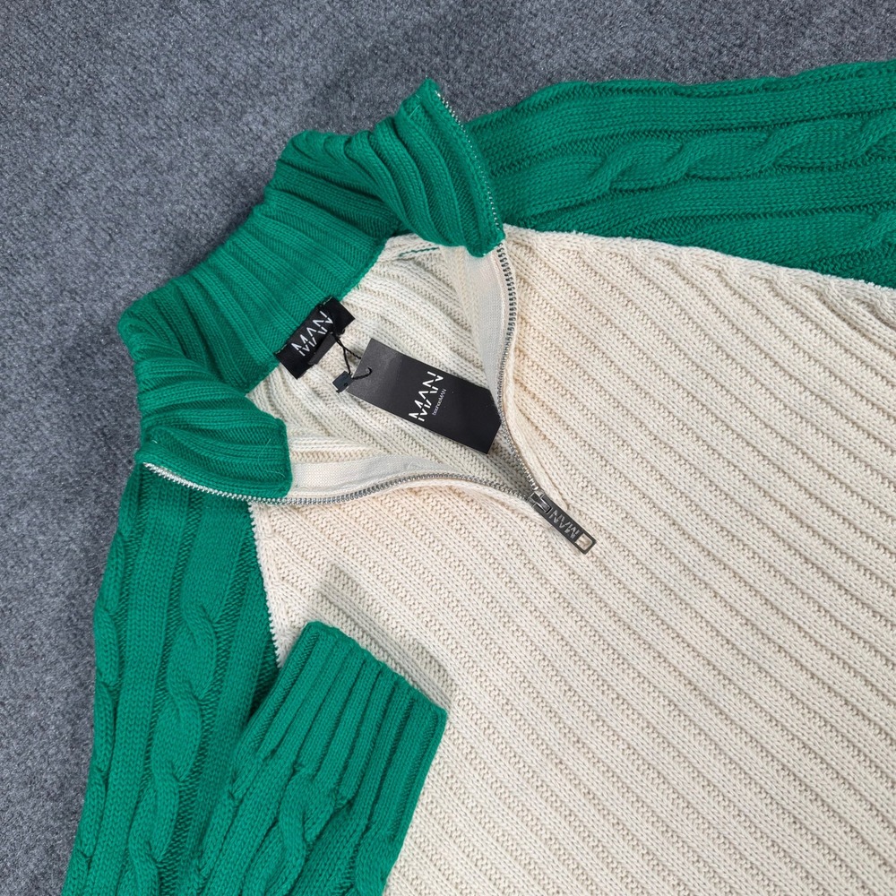 BoohooMAN Men Colorblock Quarter Zip Sweater Green Cream Cable Knit Size M #4469